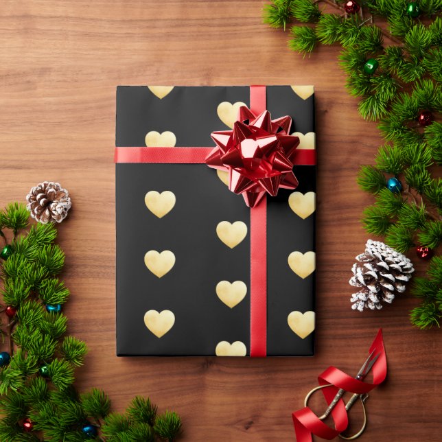 Black Gold Heart Pattern Wrapping Paper (Holiday Gift)