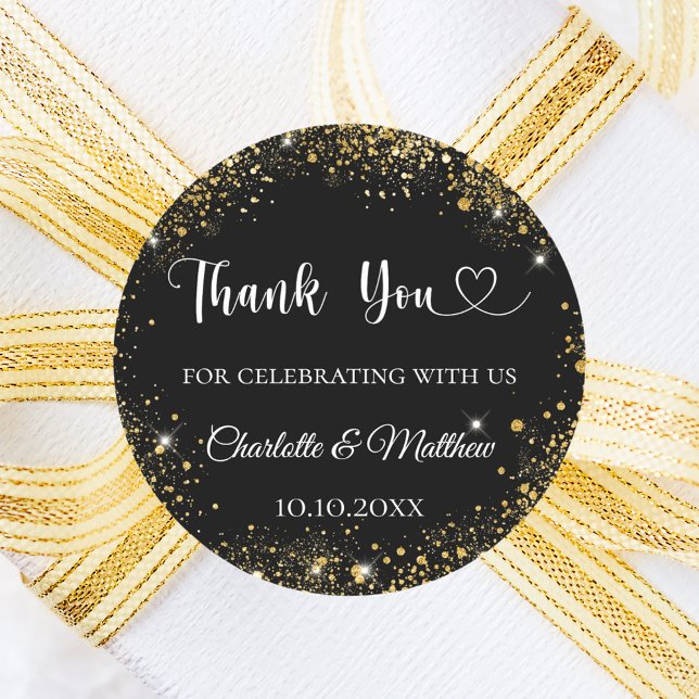 Black gold heart wedding thank you classic round sticker (Creator Uploaded)