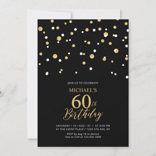 Black & Gold Hexagon Confetti 60th Birthday Party Invitation (Front)