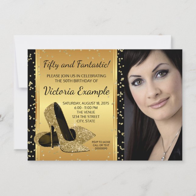 Black Gold High Heel Shoes Birthday Party Invitation (Front)