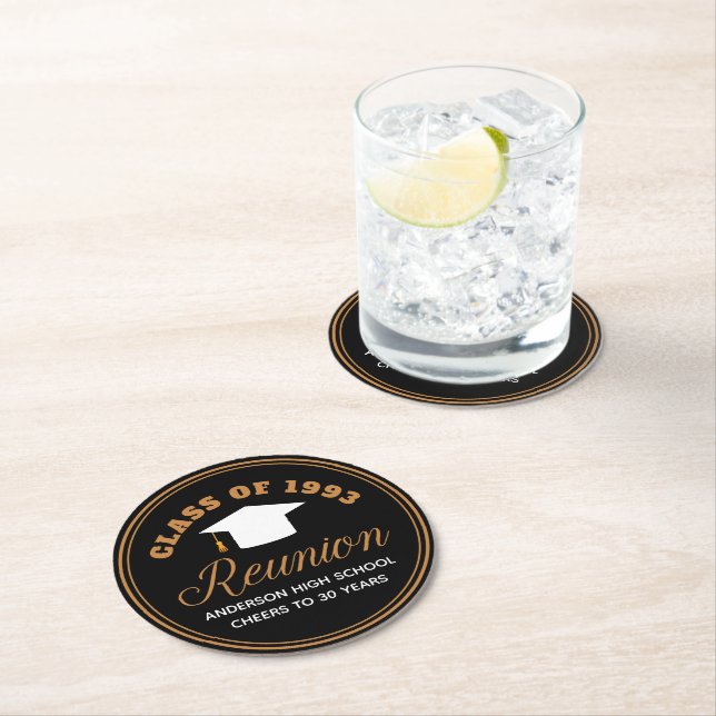 Black Gold High School Reunion Personalized Party Round Paper Coaster (Insitu)