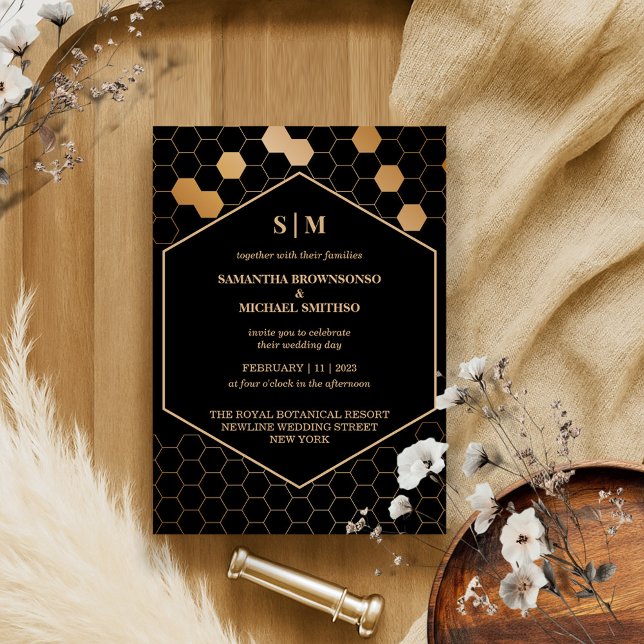 Black Gold Honeycomb Wedding Invitation (Creator Uploaded)