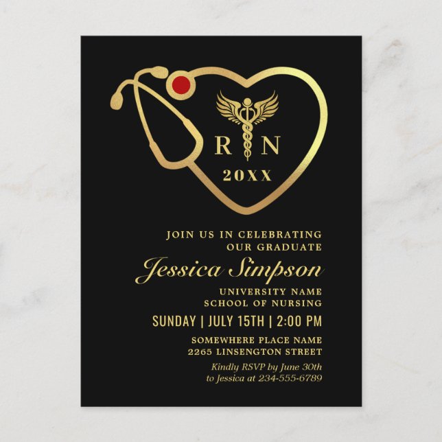 Black Gold Infirmière Graduation Invitation Carte  (Devant)