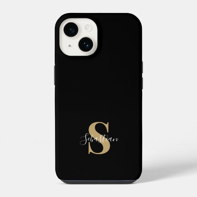 Black & Gold | Initial Monogram Personalized Name iPhone Case (Back)
