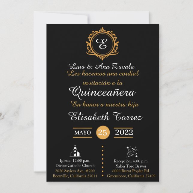 Black gold invitations for quinceañera elegante  (Devant)