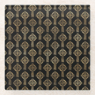 BLACK & GOLD IRISH CELTIC KNOTS & CROSSES GLASS COASTER