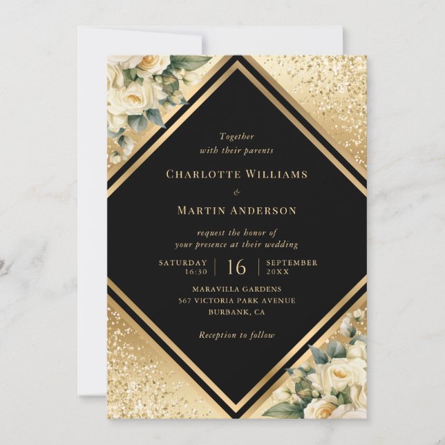 Black Gold Ivory Cream Confetti Floral Wedding Invitation (Front)
