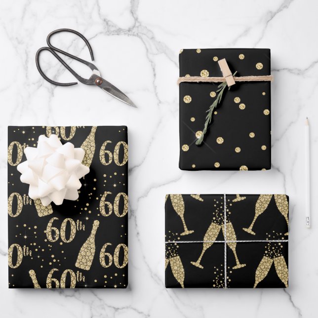 Black Gold Jewelled Champagne 60th Celebration Wrapping Paper Sheet (Front)