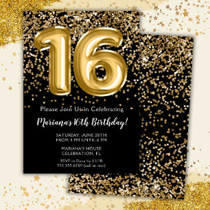 Black Gold Kids Girl 16th Birthday Party Invitation