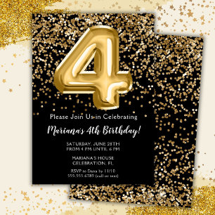 Black Gold Kids Girl 4th Birthday Party Invitation