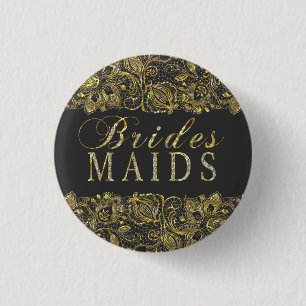 Black & Gold Lace Bridesmaids Text Design 1 Inch Round Button