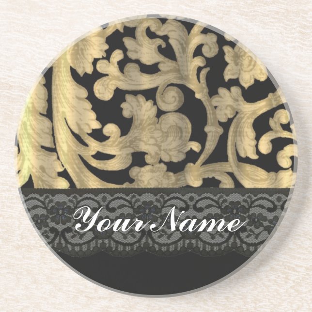 Black & gold lace damask coaster (Front)