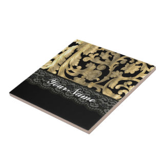 Black & gold lace damask tile