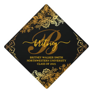 Black Gold Lace Elegant Monogram Graduation Cap Topper