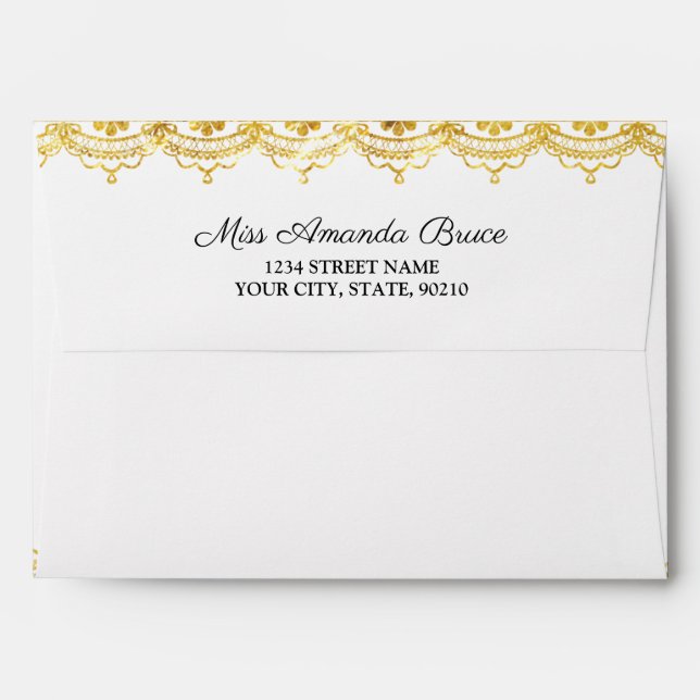 Black Gold Lace Lined Wedding Return Address Envelope (Back (Top Flap))