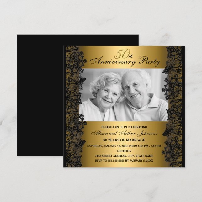 Black & Gold Lace Photo Invitation du 50e annivers (Devant / Derrière)