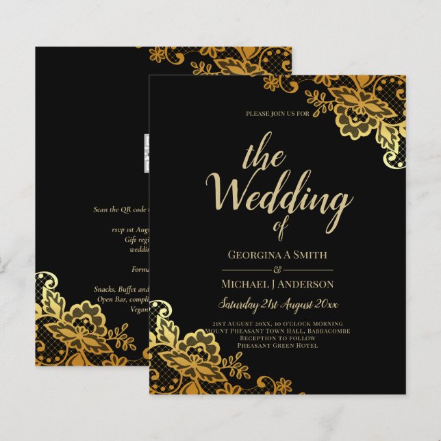 Black Gold Lace Wedding Invtiations (Front/Back)