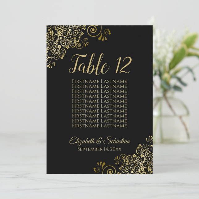Black & Gold Lacy Table Number Seating Chart Large (Standing Front)