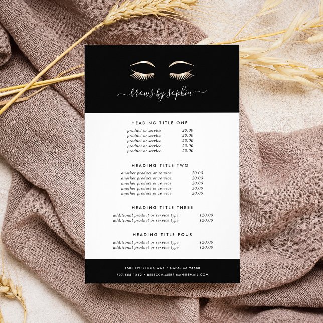 Black & Gold Lashes & Brows | Pricing & Services Flyer (Creator Uploaded)