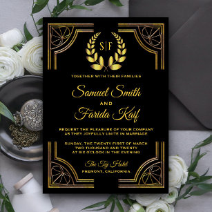 Black Gold Laurel Monogram Wedding Invitation