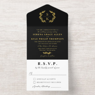 Black Gold Laurel Wreath Monogram Wedding All In One Invitation