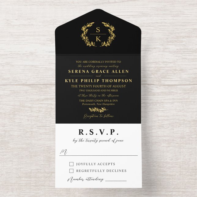 Black Gold Laurel Wreath Monogram Wedding All In One Invitation (Inside)