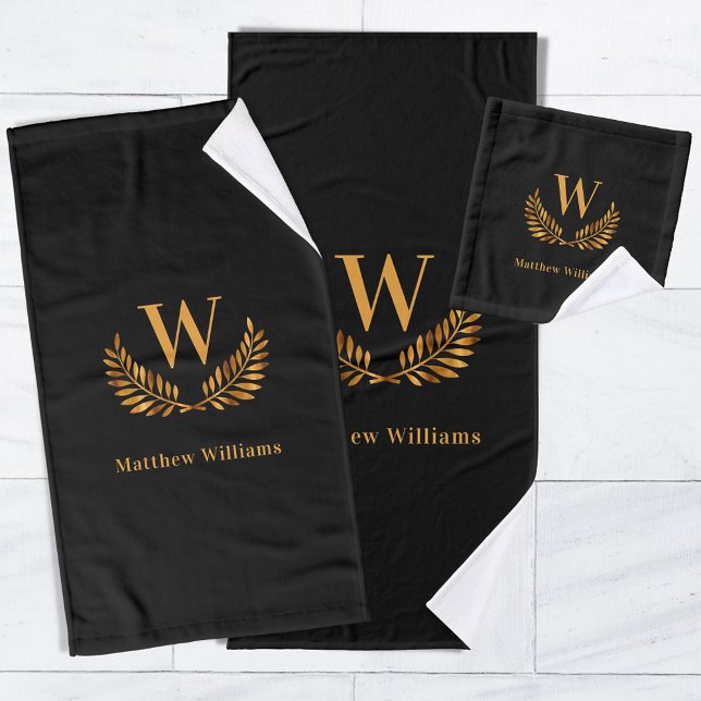Black gold laurel wreath name monogram bath towel set (Creator Uploaded)