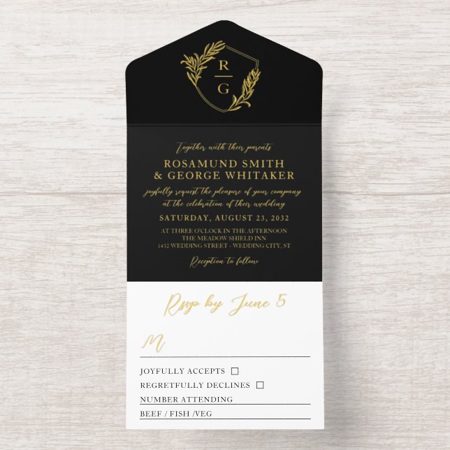 Black Gold Leaf Adorned Shield Monogram Wedding All In One Invitation (Inside)