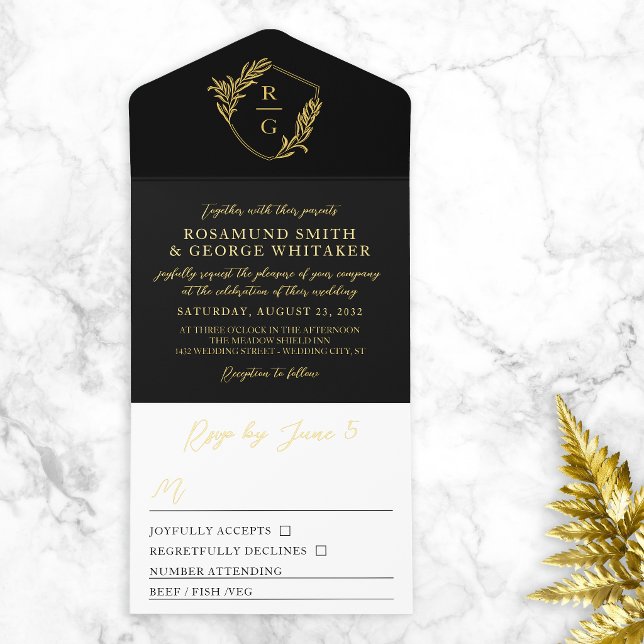 Black Gold Leaf Adorned Shield Monogram Wedding All In One Invitation (Creator Uploaded)