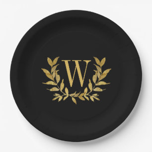Black Gold Leaf Monogram Elegant Chic Wedding Paper Plate