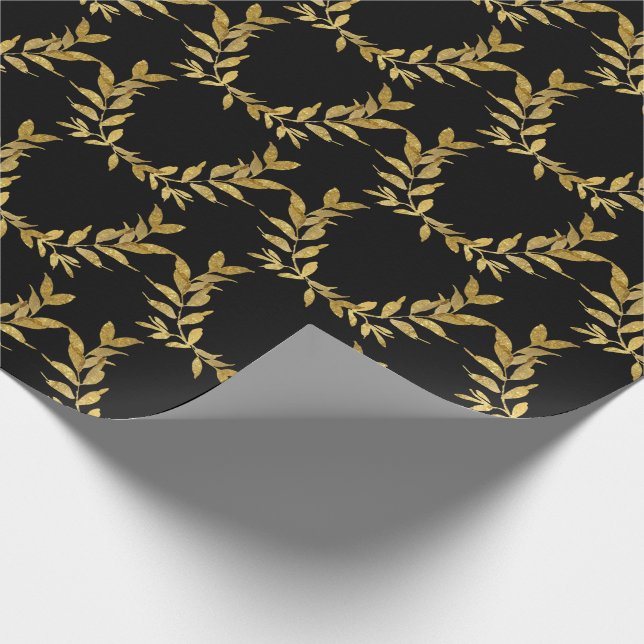 Black Gold Leaf Monogram Elegant Chic Wedding Wrapping Paper (Corner)