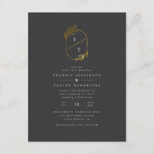 Black & Gold Leaf Monogram   Modern Photo Wedding Invitation Postcard
