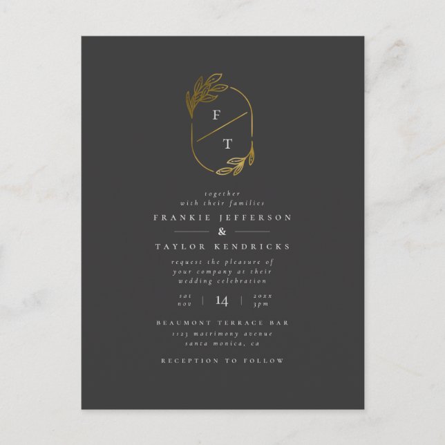 Black & Gold Leaf Monogram | Modern Photo Wedding Invitation Postcard (Front)