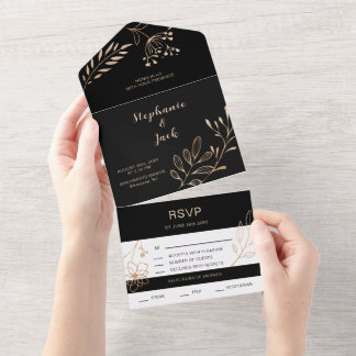 Black & Gold Leaf -Wedding  All In One Invitation