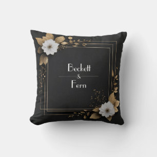 Black Gold Leaf White Flower Glamourous Modern Throw Pillow