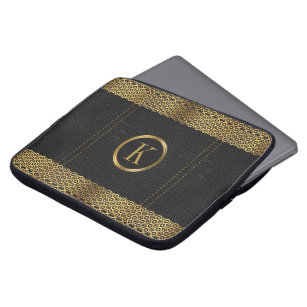 Black & Gold Leather Print Monogram Laptop Sleeve