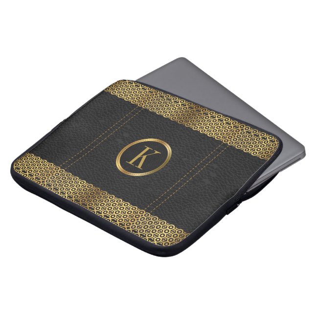 Black & Gold Leather Print Monogram Laptop Sleeve (Front Top)
