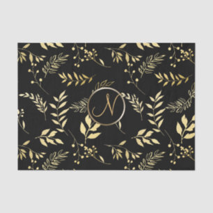 Black Gold Leaves Chic Monogram Letter Initial Tissue Paper