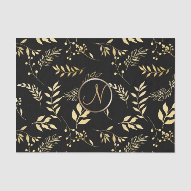 Black Gold Leaves Chic Monogram Letter Initial Tissue Paper (Front)