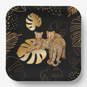 Black gold leaves leopard  paper plate