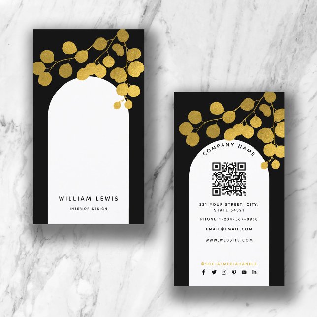 Black & Gold Leaves Modern Arch QR Code  Business Card (Creator Uploaded)