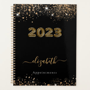 Black gold leopard animal glitter monogram 2023 planner