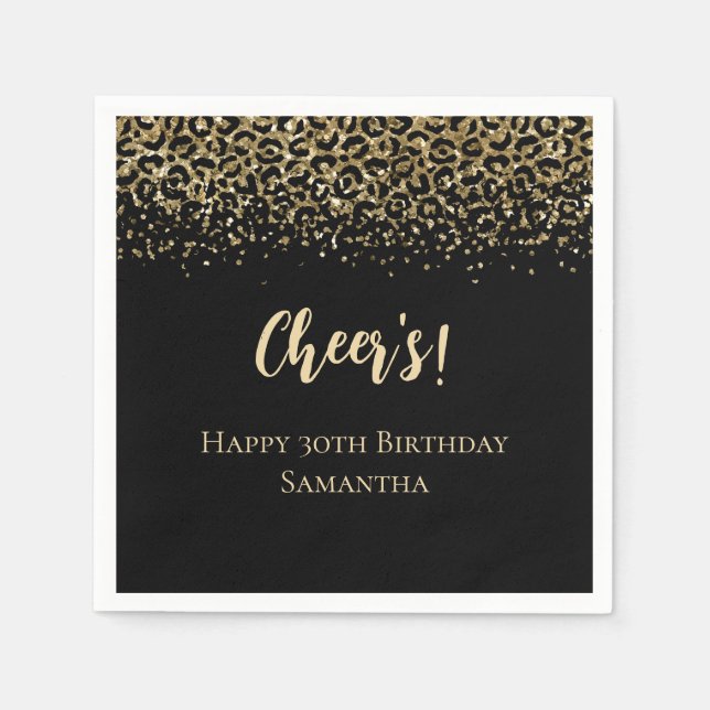 Black Gold Leopard Print Glitter Birthday  Napkin (Front)