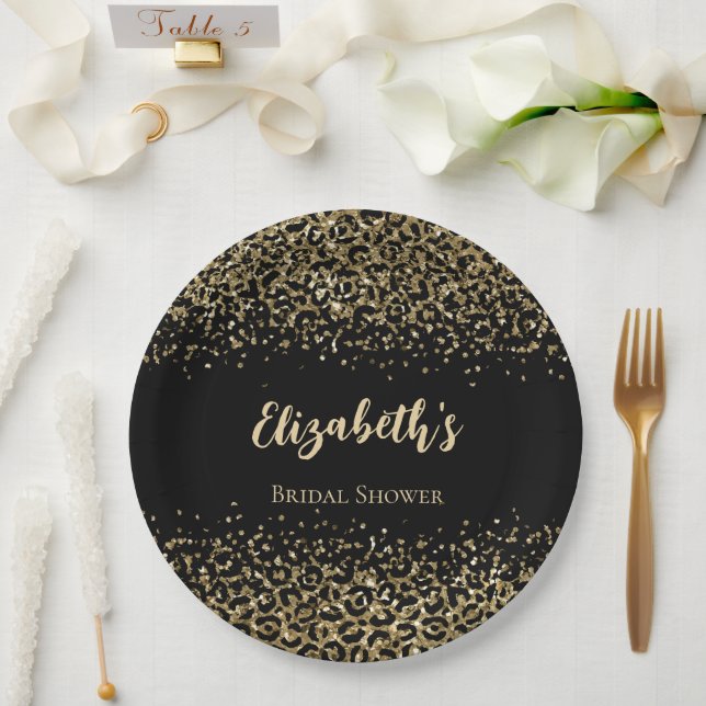 Black Gold Leopard Print Glitter Bridal Shower Paper Plate (Wedding)