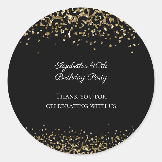 Black Gold Leopard Print Glitter Overlay Birthday  Classic Round Sticker (Front)