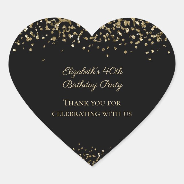 Black Gold Leopard Print Glitter Overlay Birthday Heart Sticker (Front)