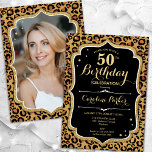 Black Gold Leopard Print Photo 50th Birthday Invitation<br><div class="desc">Elegant feminine 50th birthday invitation with your photo at the back of the card. Glam black design with animal leopard print and faux glitter gold. Features script font and confetti. Perfect for a stylish adult bday celebration party. Personalise with your own details. Can be customised for any age! Printed Zazzle...</div>