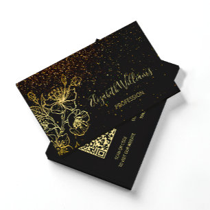 Black Gold Line Art Floral Glitter QR Code Business Card