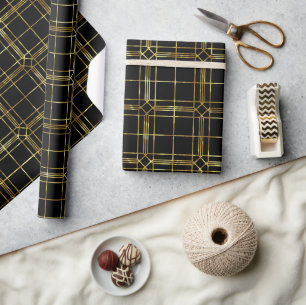 Black & gold lines geometric pattern wrapping paper