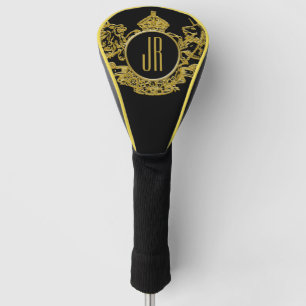 Black & Gold Lion Unicorn Crown Emblem Monogram Golf Head Cover